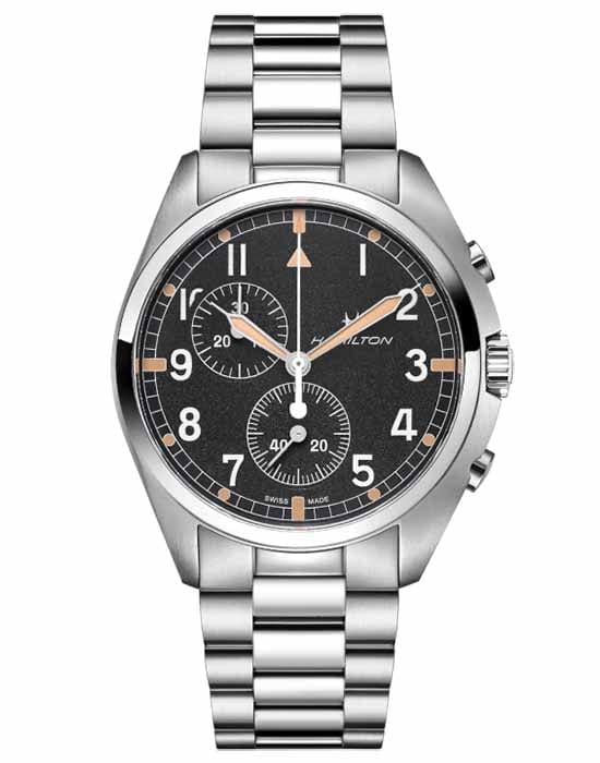 Hamilton Hamilton Khaki Aviation Pilot Pioneer Chrono H76522131  H76522131 кварцевые мужские часы черный циферблат, браслет нержавеющая сталь — вид спереди