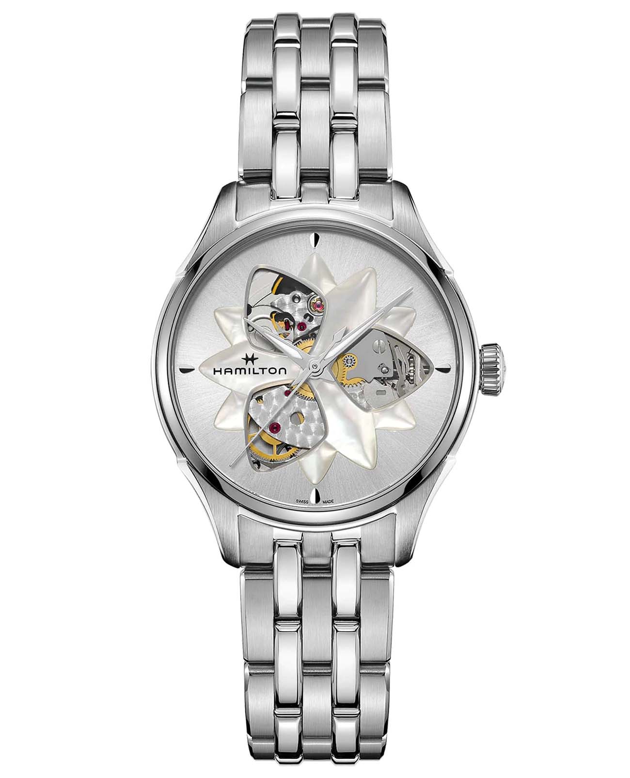 Hamilton Hamilton Jazzmaster Open Heart Lady Auto H32115191  H32115191 механические женские часы перламутровый циферблат, браслет нержавеющая сталь — вид спереди