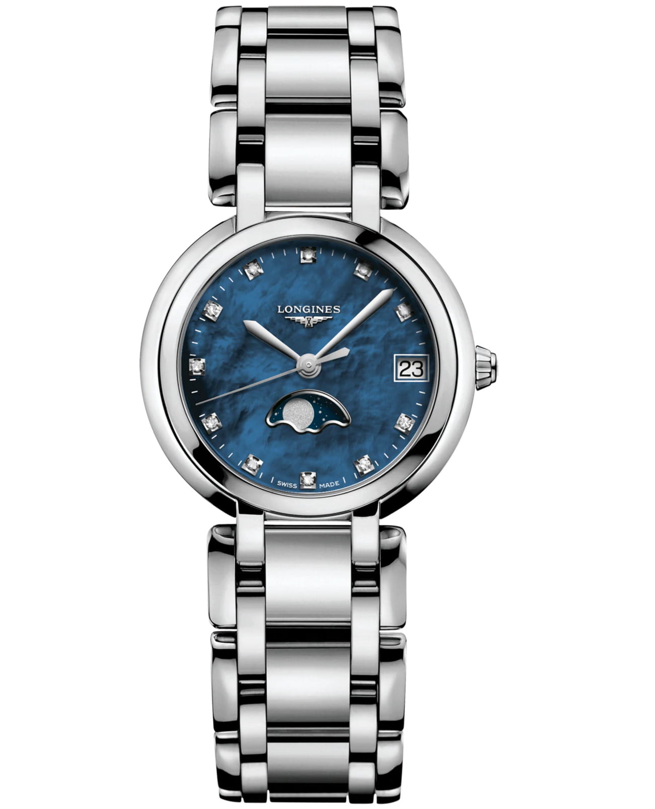 Longines Longines PrimaLuna L8.115.4.98.6  L81154986 кварцевые женские часы синий циферблат, браслет нержавеющая сталь — вид спереди