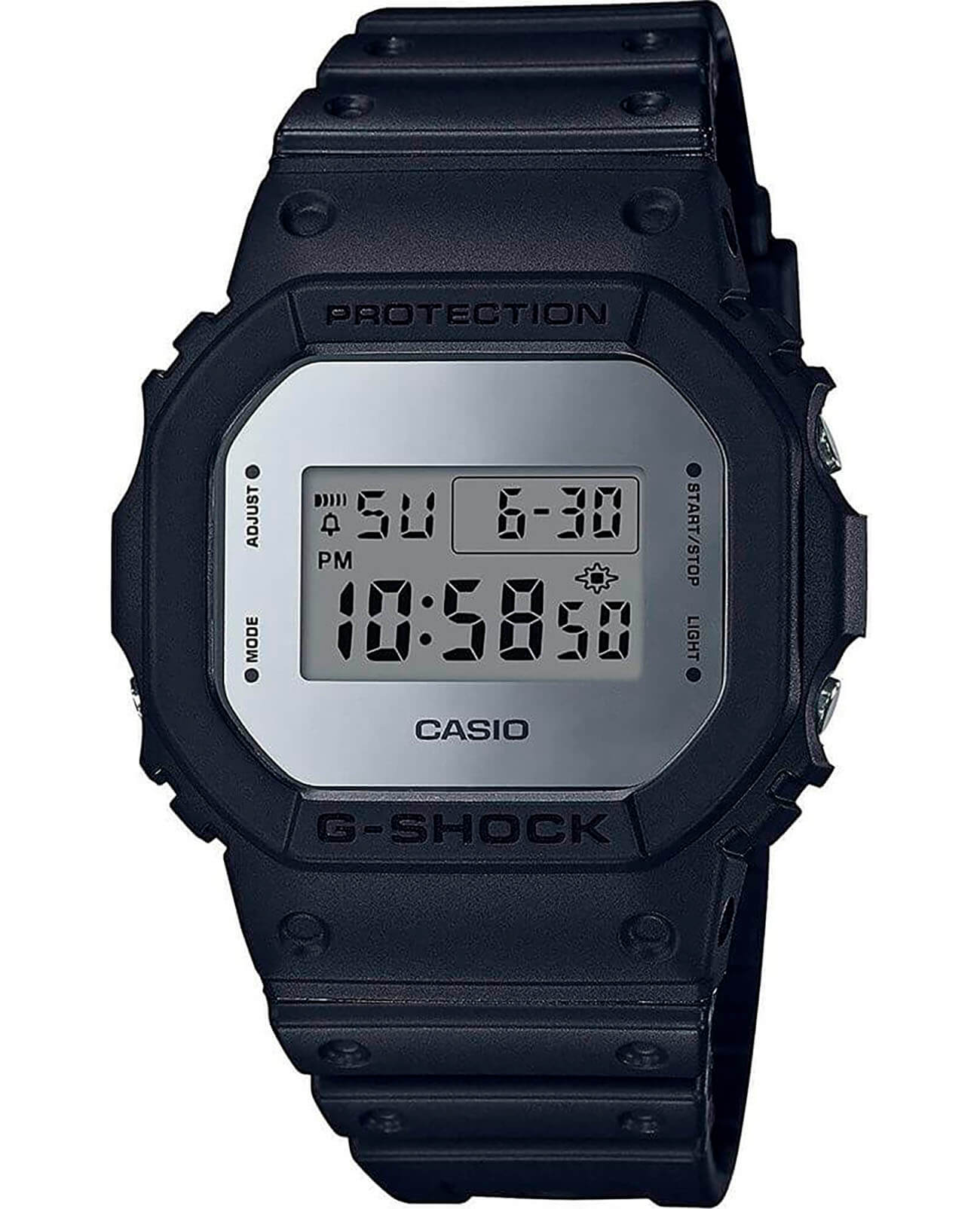 Casio Casio G-Shock DW-5600BBMA-1 DW-5600 DW-5600BBMA-1E электронные мужские часы серебристый циферблат, браслет пластик — вид спереди