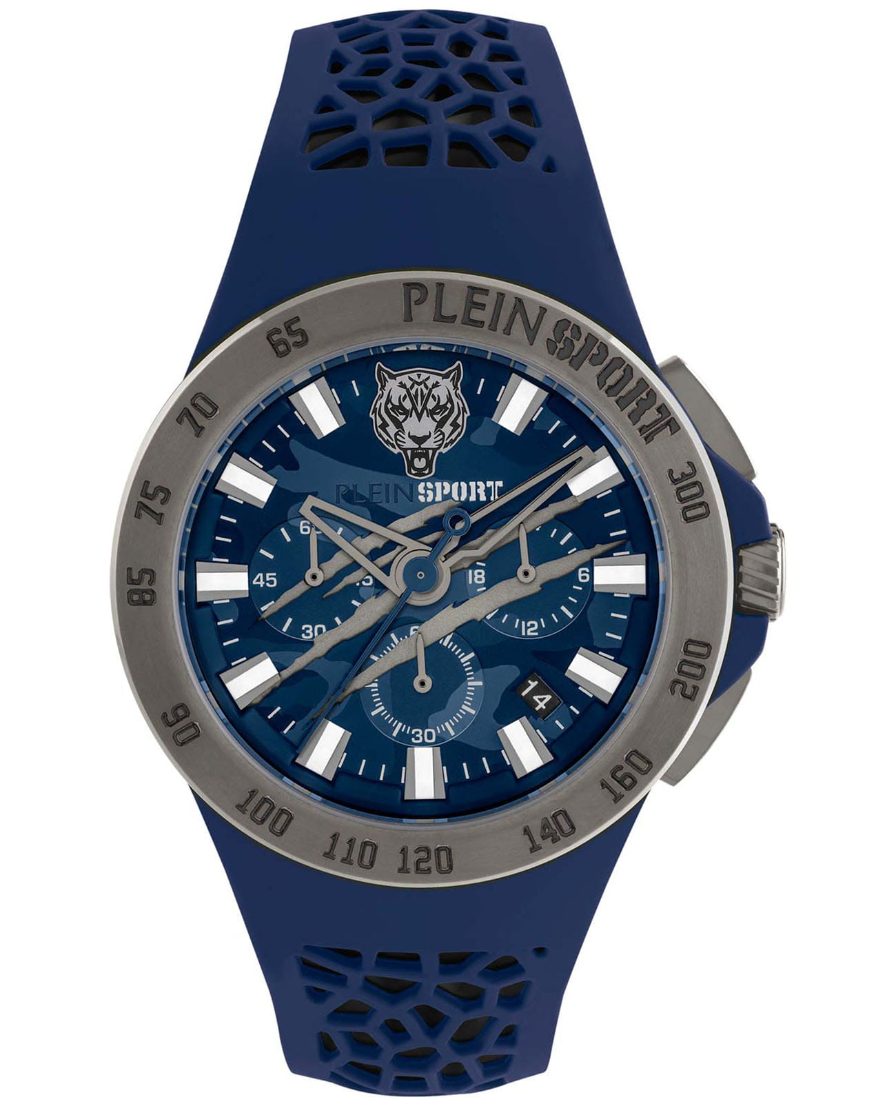 Plein Sport Plein Sport Thunderstorn Chrono PSABA0223  PSABA0223 кварцевые мужские часы синий циферблат, браслет силикон — вид спереди