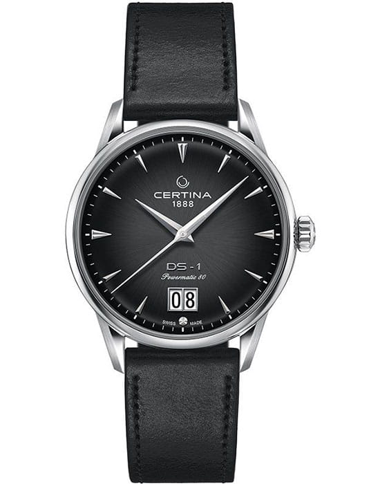 Certina Certina DS-1 Big Date Powermatic 80 C029.426.16.051.00 DS 1 C0294261605100 механические мужские часы черный циферблат, браслет кожаный — вид спереди