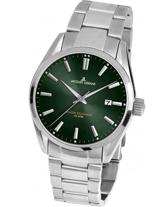 Jacques Lemans Jacques Lemans Classic 1-1859H  1-1859H кварцевые мужские часы зеленый циферблат, браслет нержавеющая сталь — вид спереди