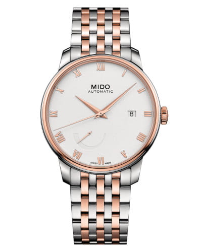 Mido Mido Baroncelli Power Reserve M027.428.22.013.00  M0274282201300 механические мужские часы белый циферблат, браслет нержавеющая сталь с pvd-покрытием — вид спереди
