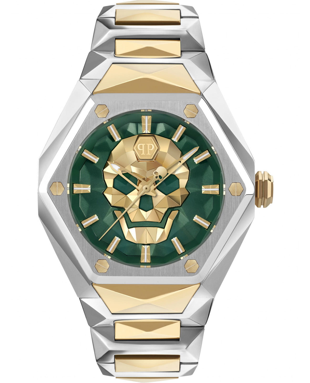 Philipp Plein Philipp Plein The Skull PWPWA0724  PWPWA0724 кварцевые женские часы зеленый циферблат, браслет нержавеющая сталь с pvd-покрытием — вид спереди