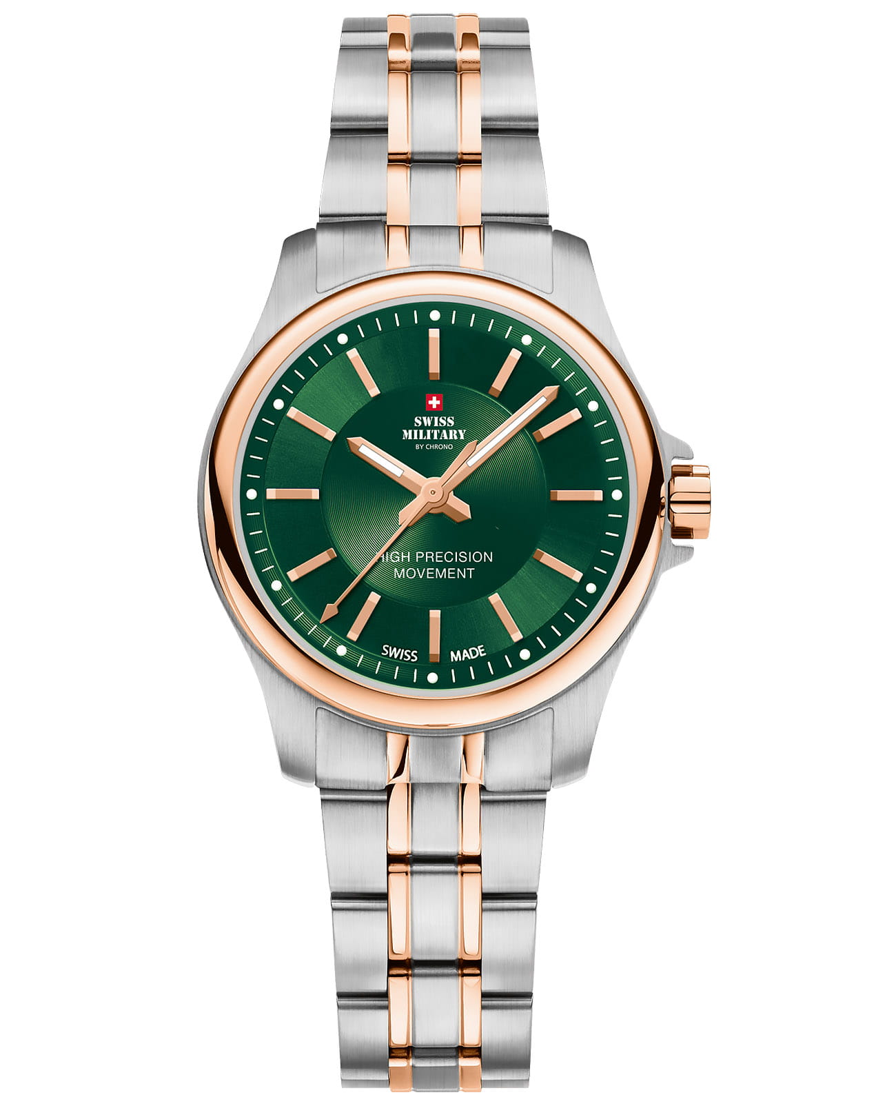 Swiss Military by Chrono Swiss Military by Chrono Сверхточные SM30201.33  SM30201.33 кварцевые женские часы зеленый циферблат, браслет нержавеющая сталь с pvd-покрытием — вид спереди
