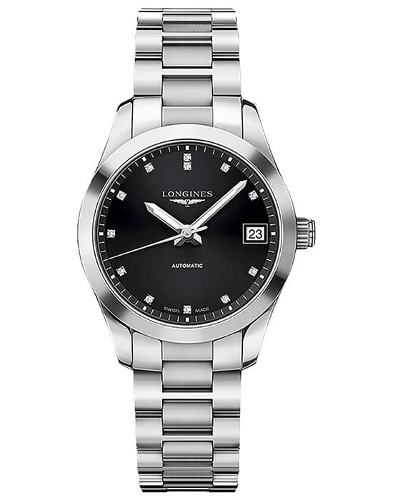 Longines Longines Conquest Classic L2.385.4.58.6  L23854586 кварцевые женские часы черный циферблат, браслет нержавеющая сталь — вид спереди