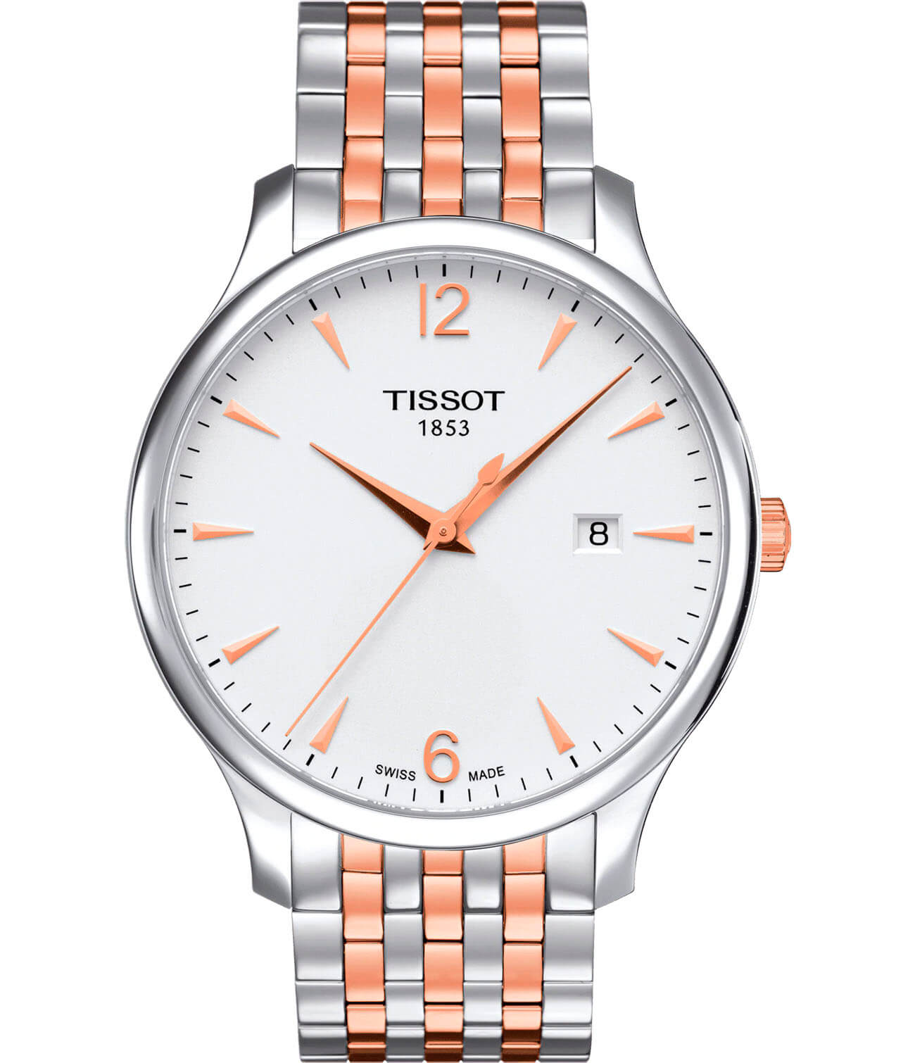 Tissot Tissot Tradition T063.610.22.037.01 Tradition T0636102203701 кварцевые мужские часы белый циферблат, браслет сталь c pvd покрытием — вид спереди