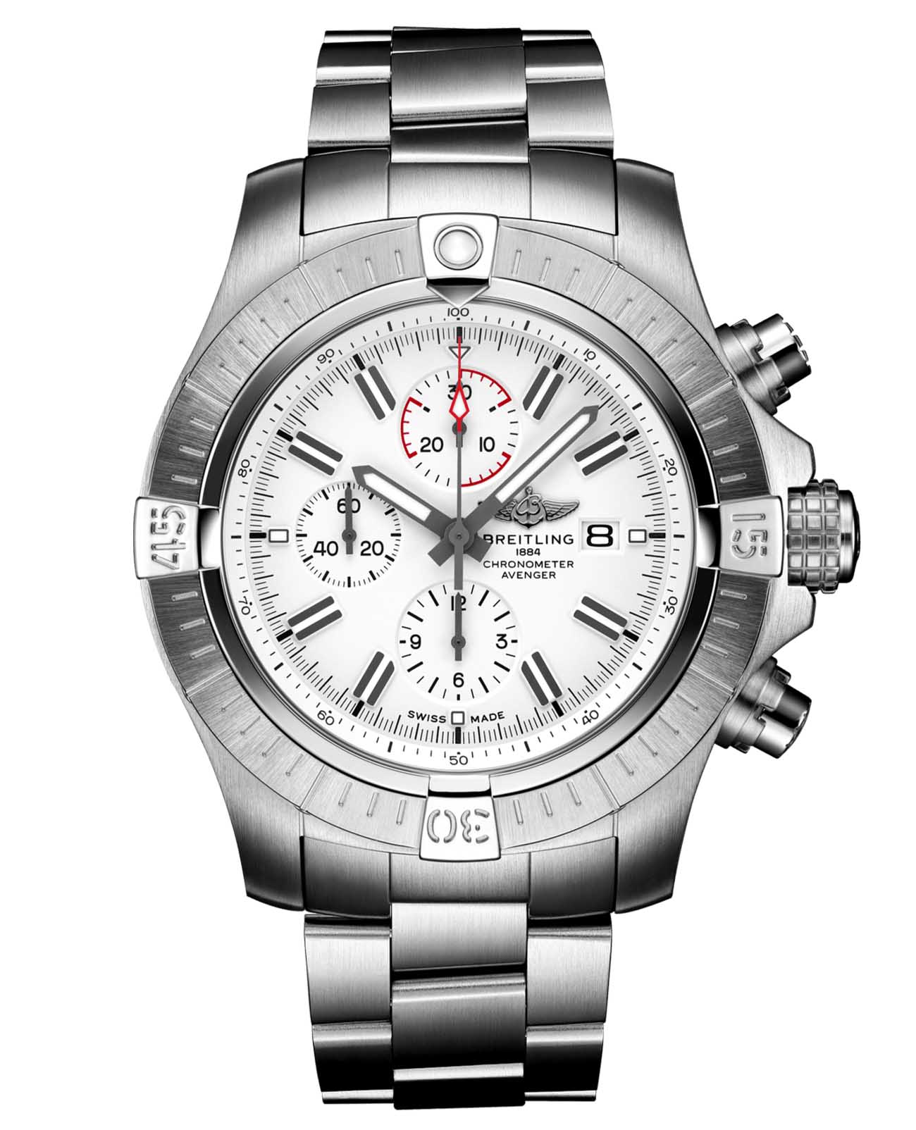 Breitling Breitling Super Avenger Chronograph 48 A133751A1A1A1  A133751A1A1A1 механические мужские часы белый циферблат, браслет нержавеющая сталь — вид спереди