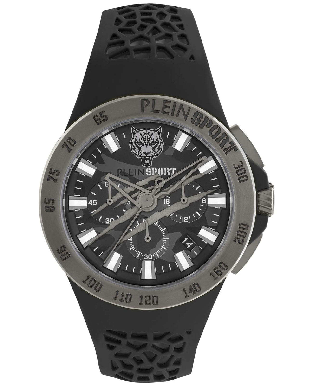 Plein Sport Plein Sport Thunderstorm Chrono PSABA0123  PSABA0123 кварцевые мужские часы черный циферблат, браслет силикон — вид спереди