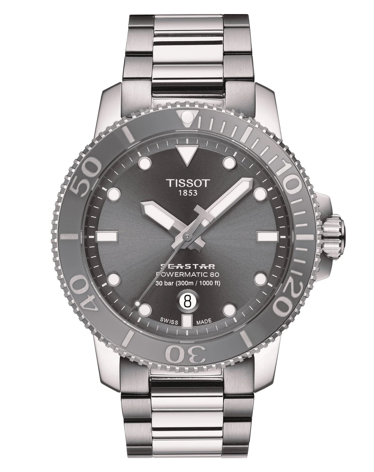 Tissot Tissot Seastar 1000 Powermatic 80 T120.407.11.081.01 Seastar 1000 T1204071108101 механические мужские часы серый циферблат, браслет нержавеющая сталь — вид спереди
