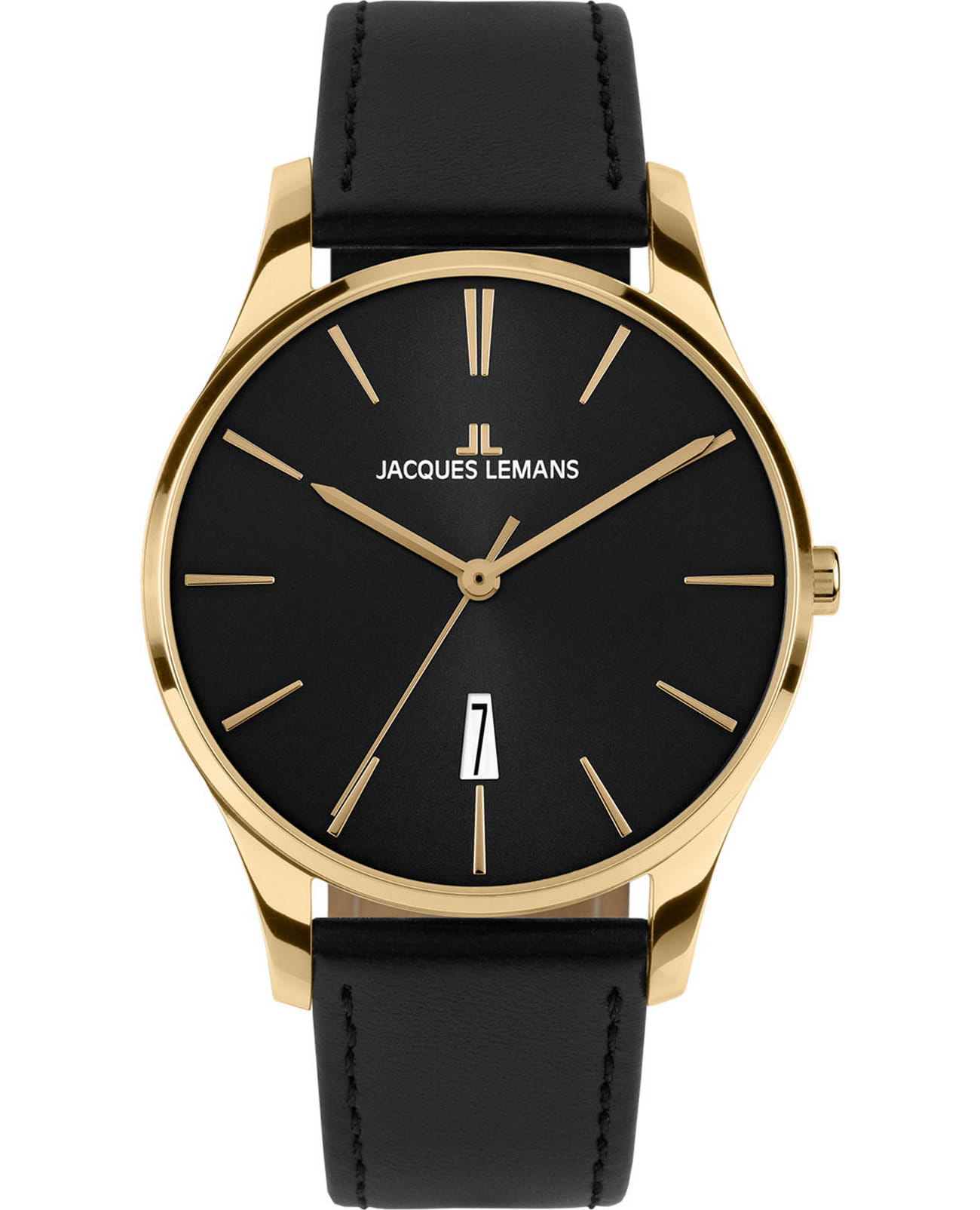 Jacques Lemans Jacques Lemans Classic 1-2124E  1-2124E кварцевые мужские часы черный циферблат, браслет кожаный — вид спереди