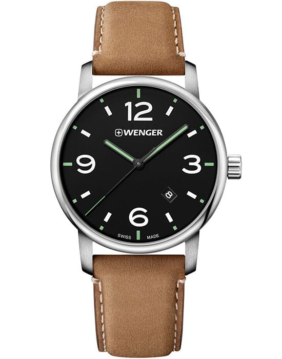 Wenger 01.1741.117  01.1741.117 кварцевые мужские часы черный циферблат, браслет кожаный — вид спереди