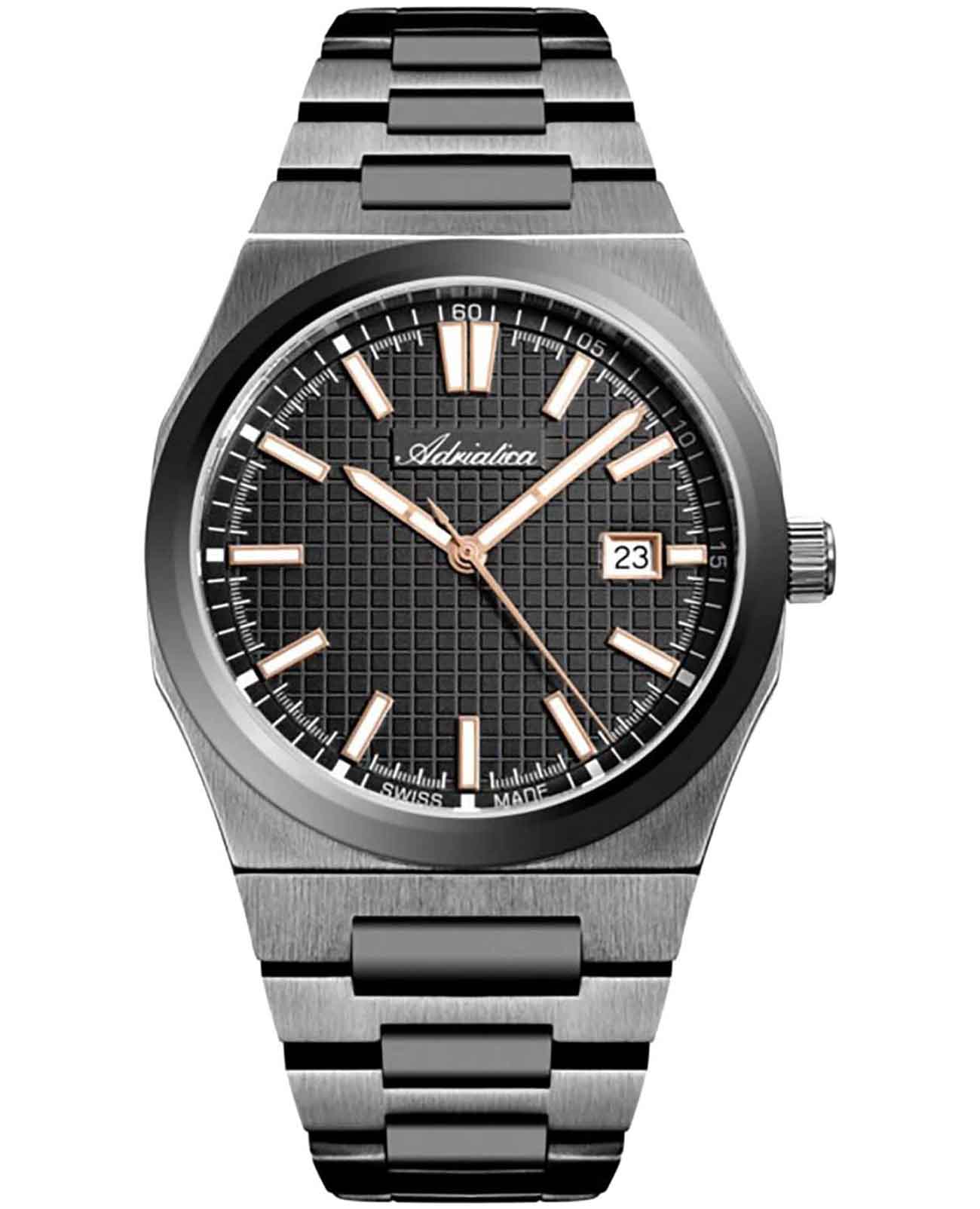 Adriatica Adriatica Premiere A8326.S1R6Q  A8326.S1R6Q кварцевые мужские часы черный циферблат, браслет нержавеющая сталь с pvd-покрытием — вид спереди