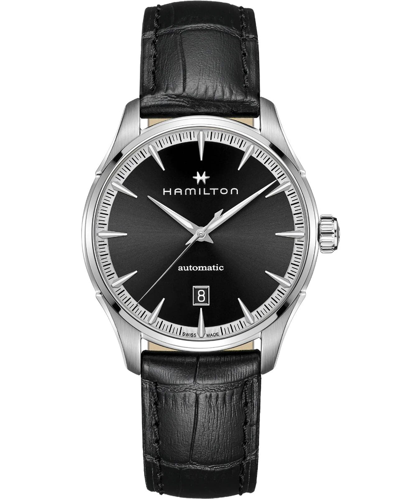 Hamilton Hamilton Jazzmaster Gents Auto H32475730  H32475730 механические мужские часы черный циферблат, браслет кожаный — вид спереди