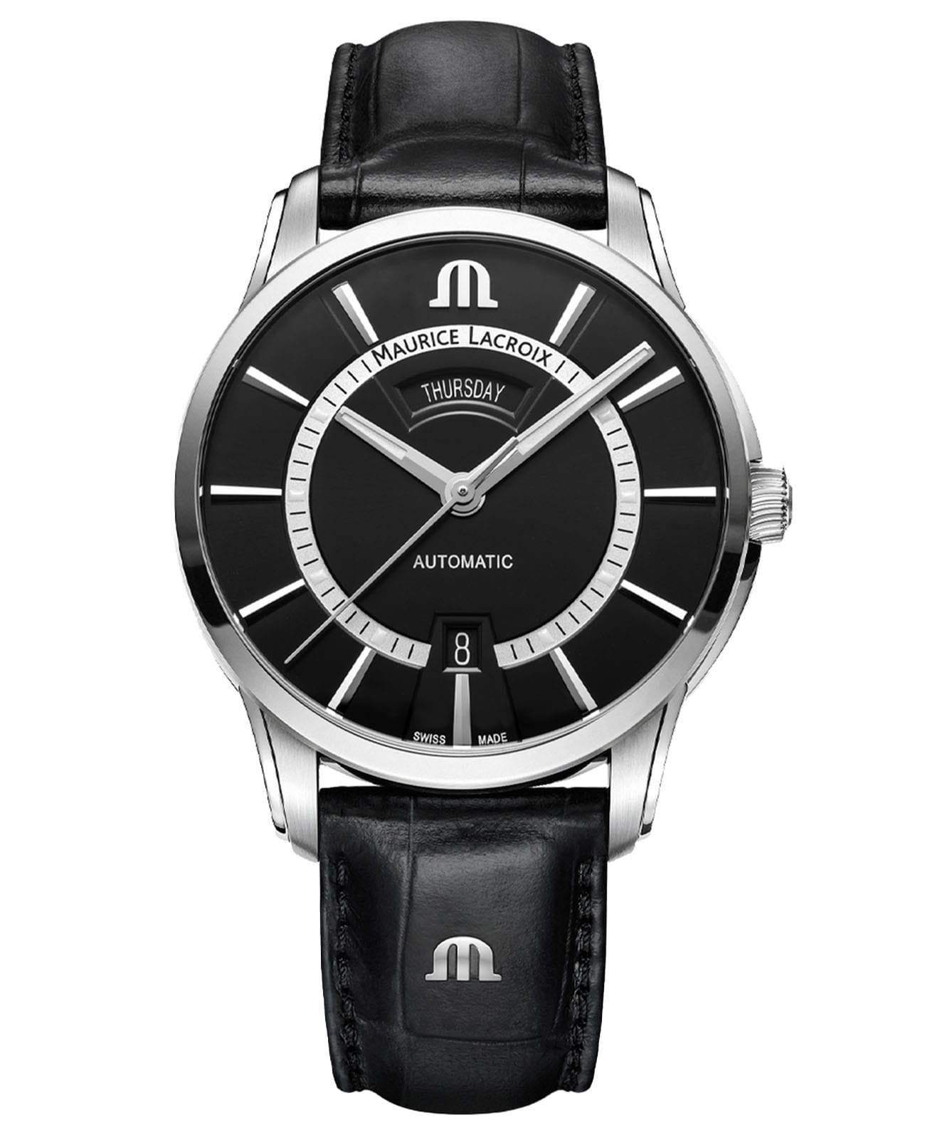 Maurice Lacroix Maurice Lacroix Pontos Day Date PT6358-SS001-332-2  PT6358-SS001-332-2 механические мужские часы черный циферблат, браслет кожаный — вид спереди