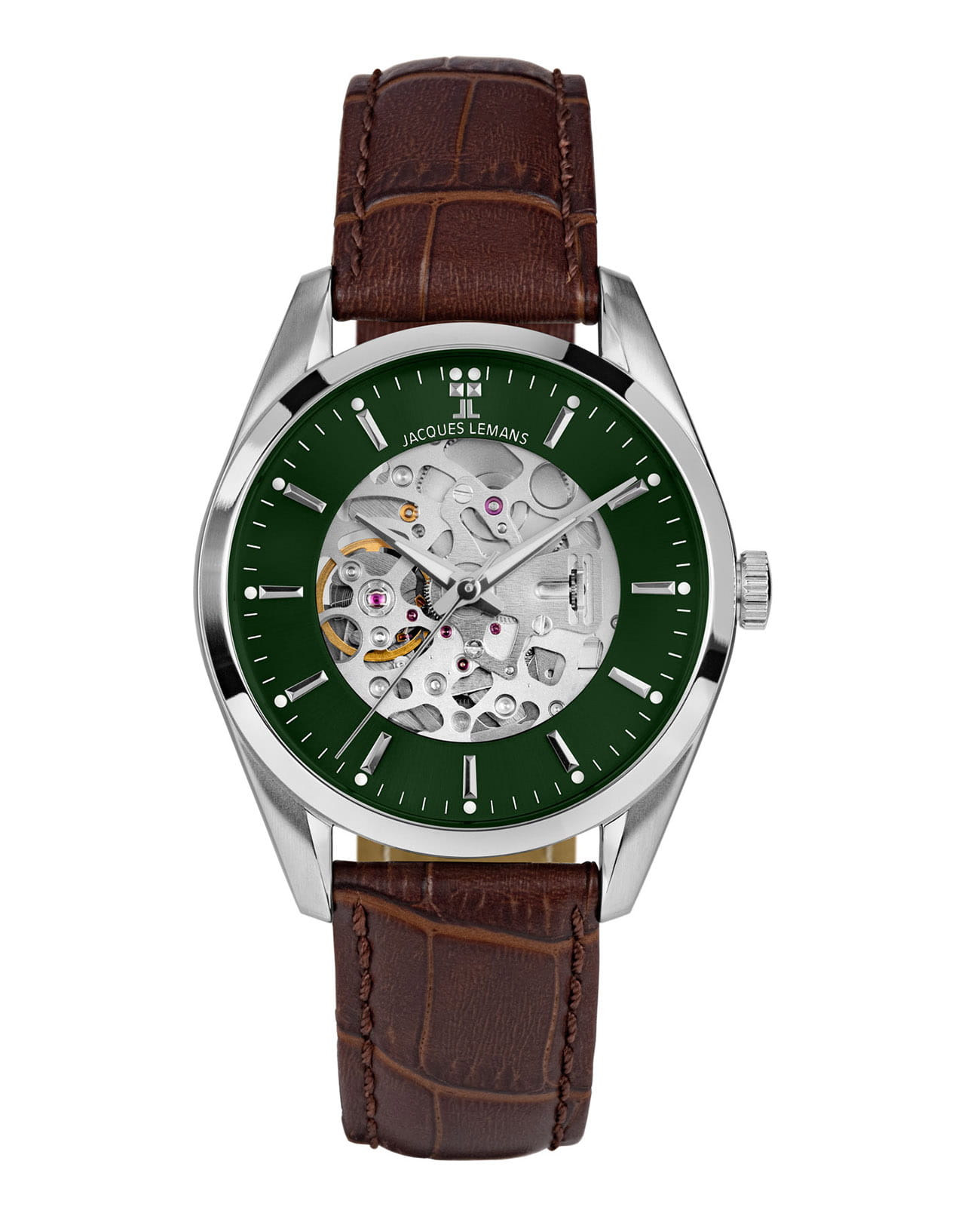 Jacques Lemans Jacques Lemans Automatic 1-2087B  1-2087B механические мужские часы зеленый циферблат, браслет нержавеющая сталь — вид спереди