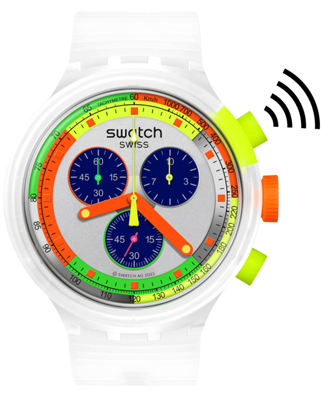 Swatch Swatch Big Bold Chrono Pay! SB02K101-5300  SB02K101-5300 кварцевые мужские часы цветной циферблат, браслет силикон — вид спереди