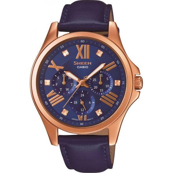 Casio Casio Sheen SHE-3806GL-2A  SHE-3806GL-2A кварцевые женские часы синий циферблат, браслет кожа + текстиль — вид спереди
