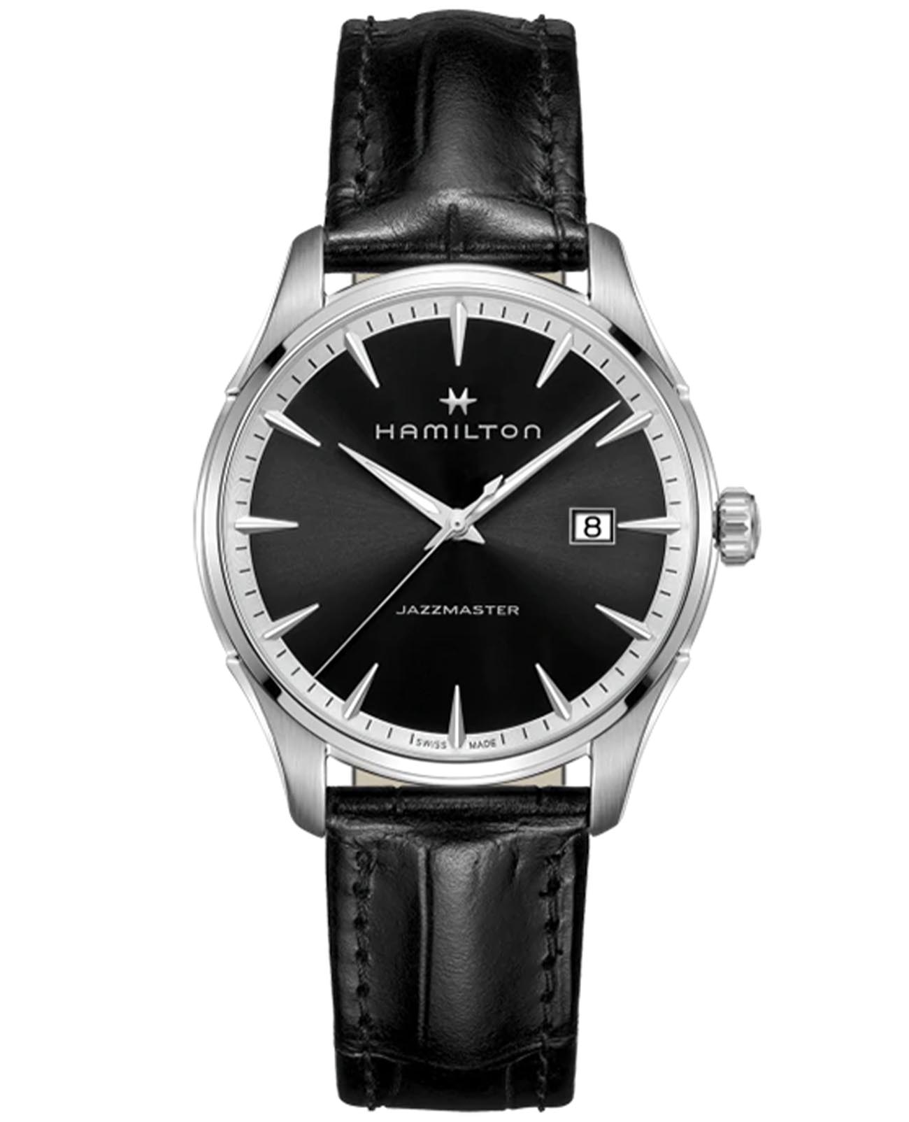 Hamilton Hamilton Jazzmaster Gent Quartz H32451731  H32451731 кварцевые мужские часы черный циферблат, браслет кожаный — вид спереди