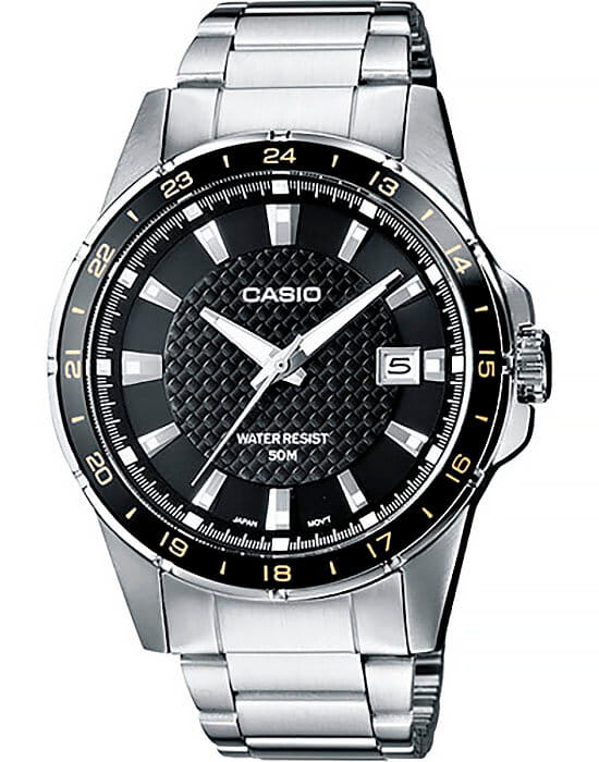 Casio Casio MTP-1290D-1A2  MTP-1290D-1A2 кварцевые мужские часы черный циферблат, браслет нержавеющая сталь — вид спереди