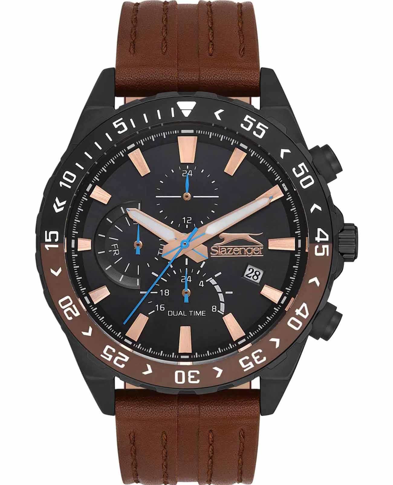 Slazenger Slazenger SL.09.2152.2.04  SL.09.2152.2.04 кварцевые мужские часы черный циферблат, браслет кожаный — вид спереди