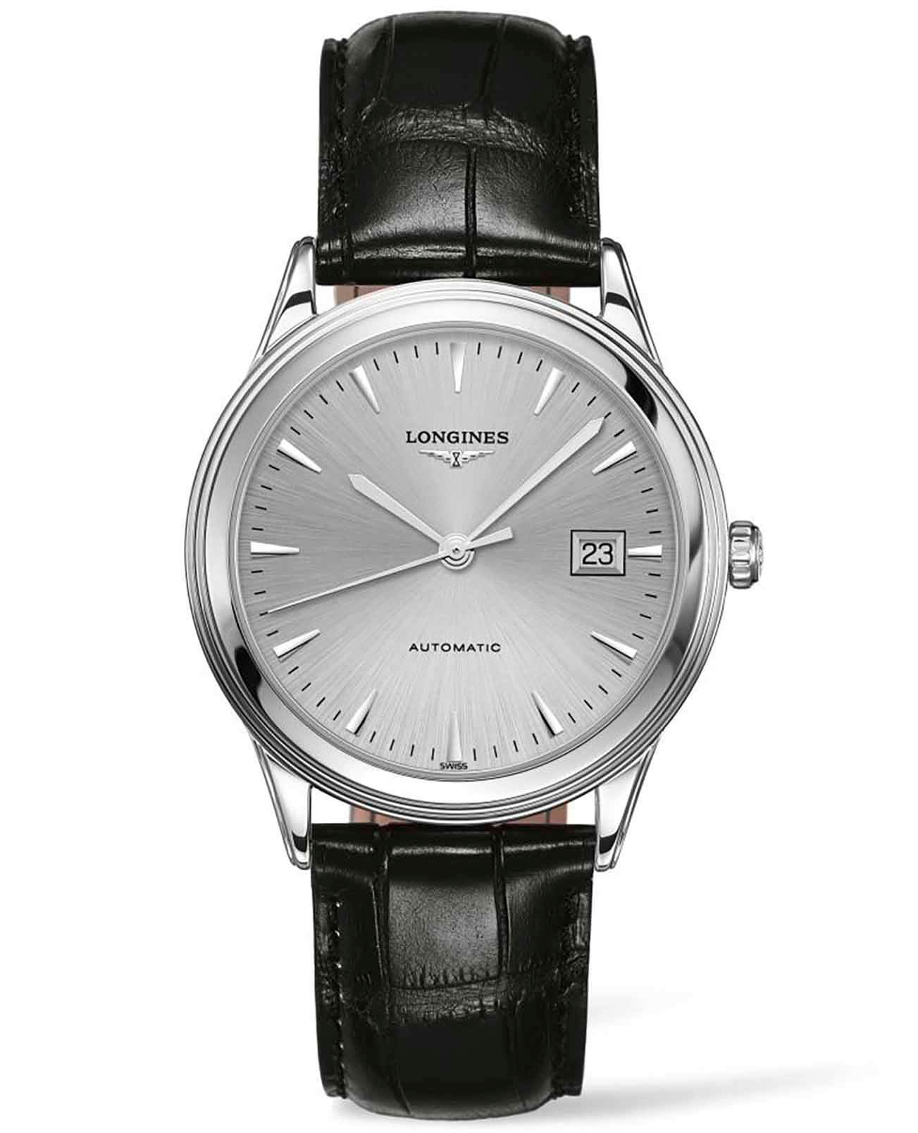 Longines Longines Flagship L4.974.4.72.2  L49744722 механические мужские часы серебристый циферблат, браслет кожаный — вид спереди