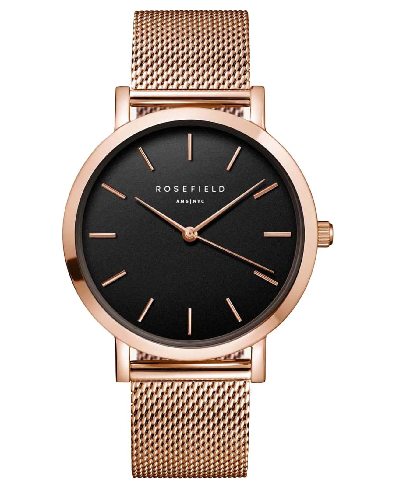 Rosefield Rosefield The Mercer MBR-M45  MBR-M45 кварцевые женские часы черный циферблат, браслет сталь c pvd покрытием — вид спереди