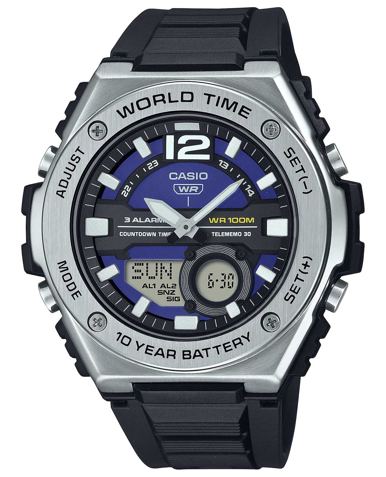Casio Casio Collection MWQ-100-2AVDF  MWQ-100-2AVDF кварцевые мужские часы черный циферблат, браслет силикон — вид спереди