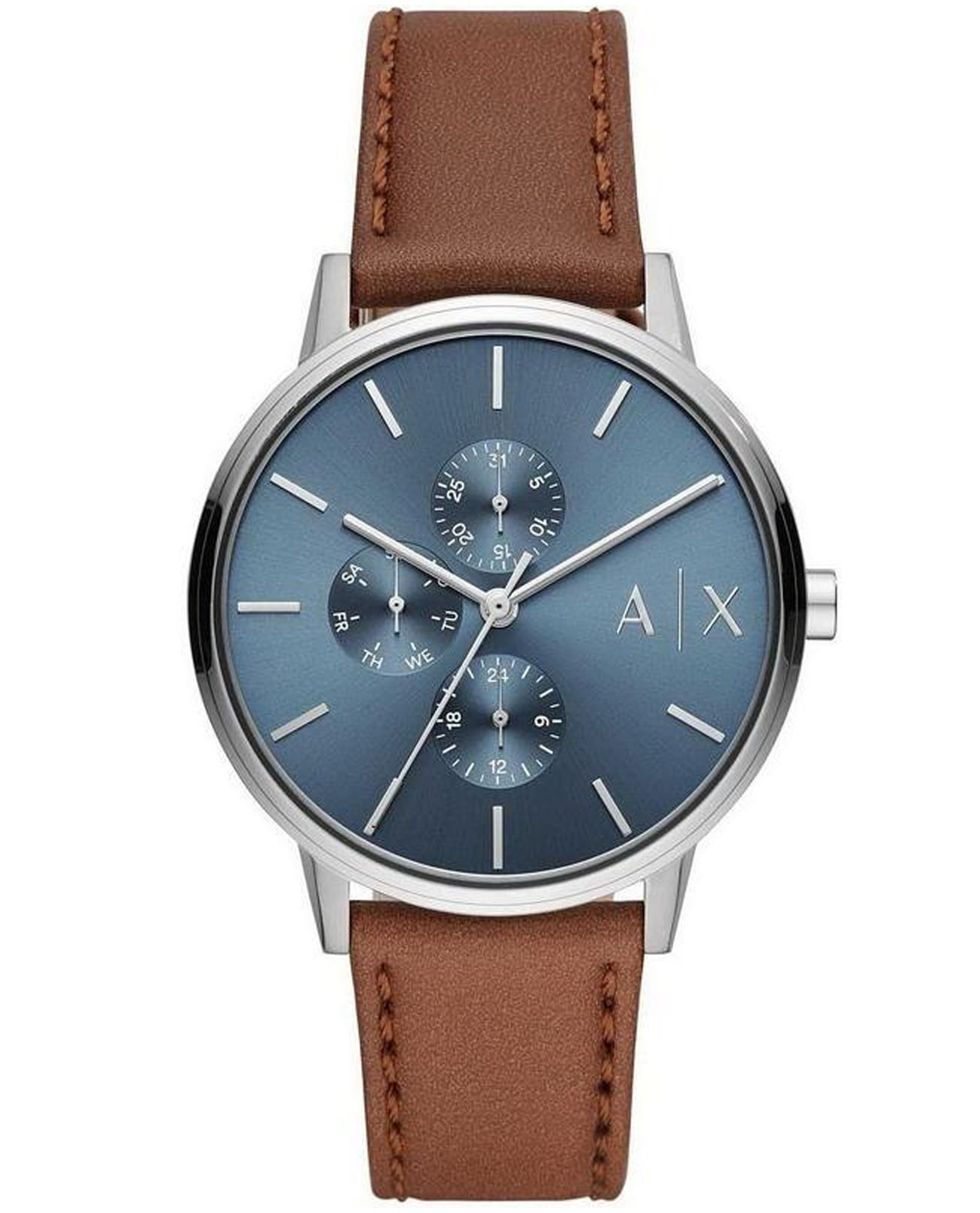 Armani Exchange Armani Exchange Cayde  AX2718  AX2718 кварцевые мужские часы голубой циферблат, браслет кожаный — вид спереди