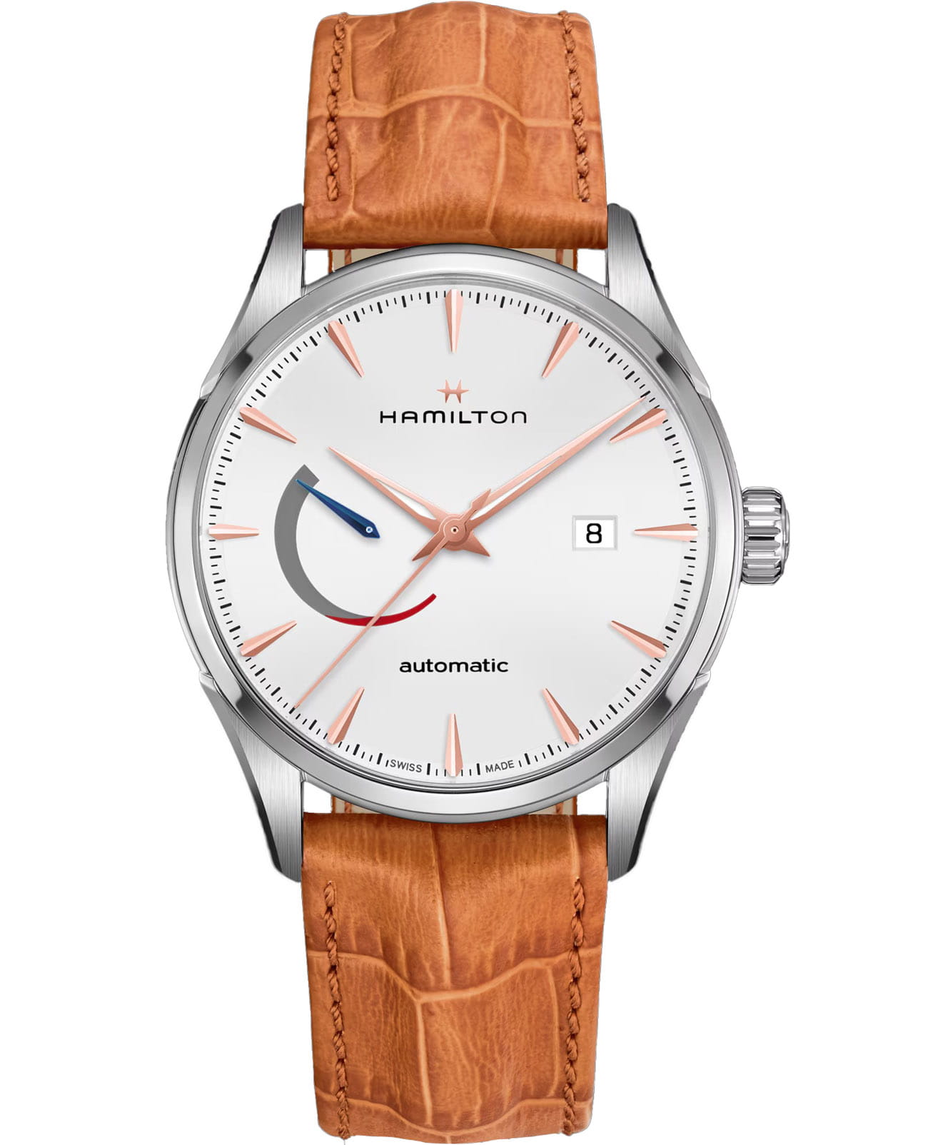 Hamilton Hamilton Jazzmaster Power Reserve Auto H32635511  H32635511 механические мужские часы серебристый циферблат, браслет кожаный — вид спереди