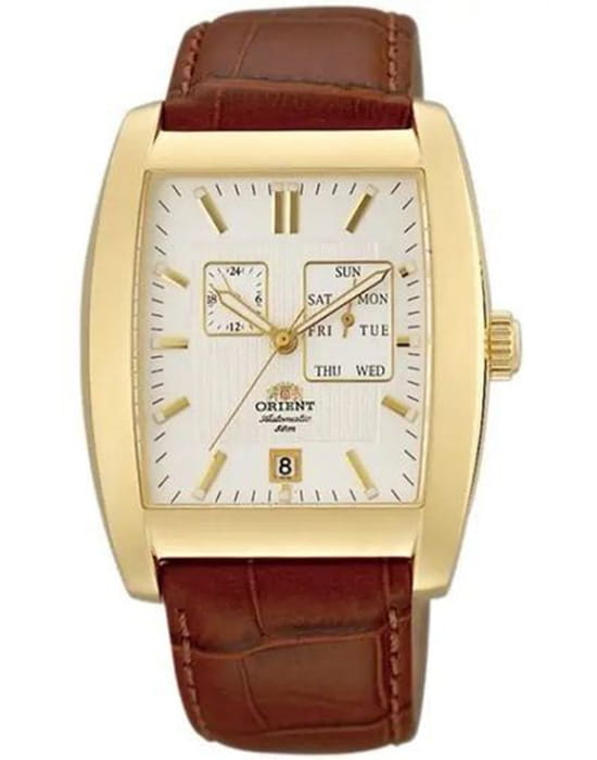 Orient Orient ETAB007W (FETAB007W)  FETAB007W механические мужские часы белый циферблат, браслет кожа + текстиль — вид спереди