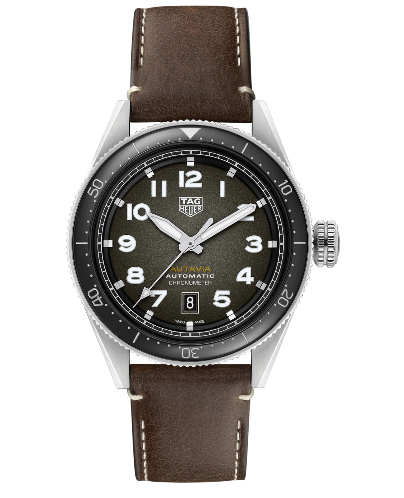 TAG Heuer TAG Heuer Autavia WBE5114.FC8266  WBE5114.FC8266 механические мужские часы коричневый циферблат, браслет кожаный — вид спереди