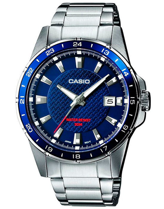 Casio Casio MTP-1290D-2A  MTP-1290D-2A кварцевые мужские часы синий циферблат, браслет нержавеющая сталь — вид спереди