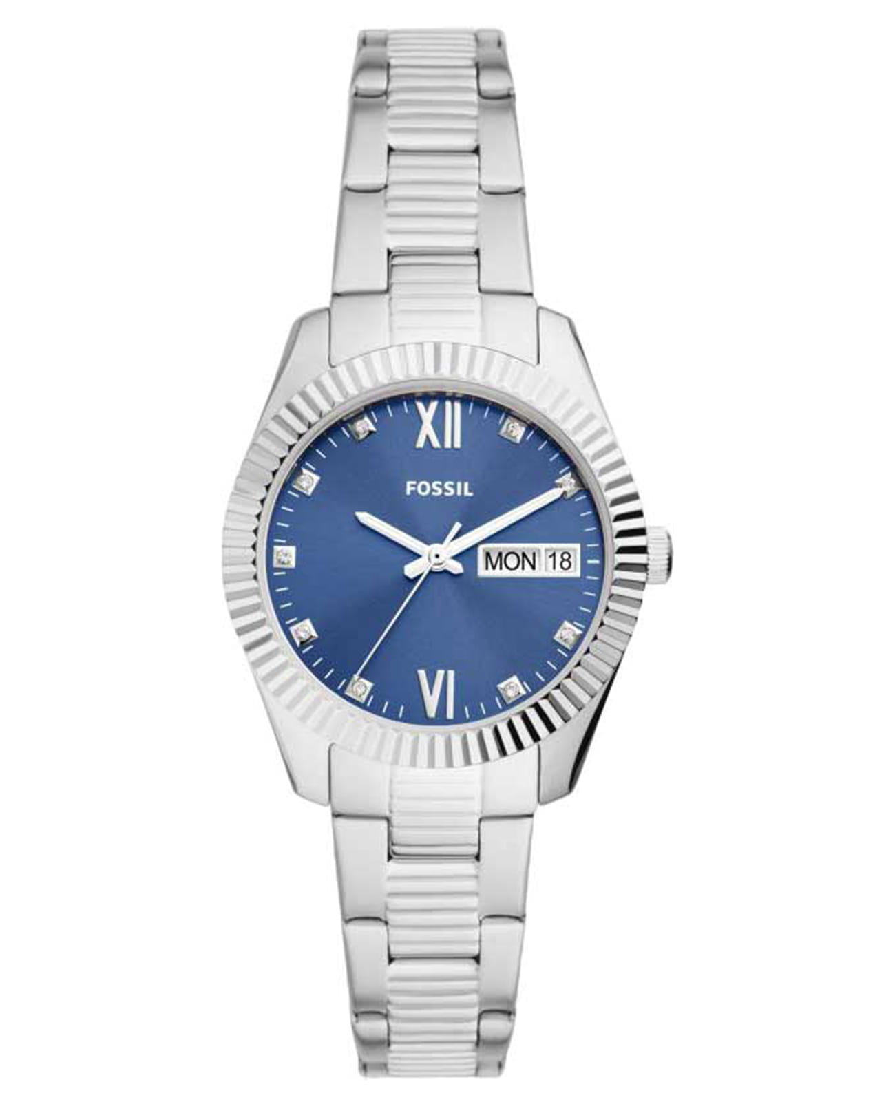 Fossil Fossil Scarlette ES5197  ES5197 кварцевые женские часы синий циферблат, браслет нержавеющая сталь — вид спереди