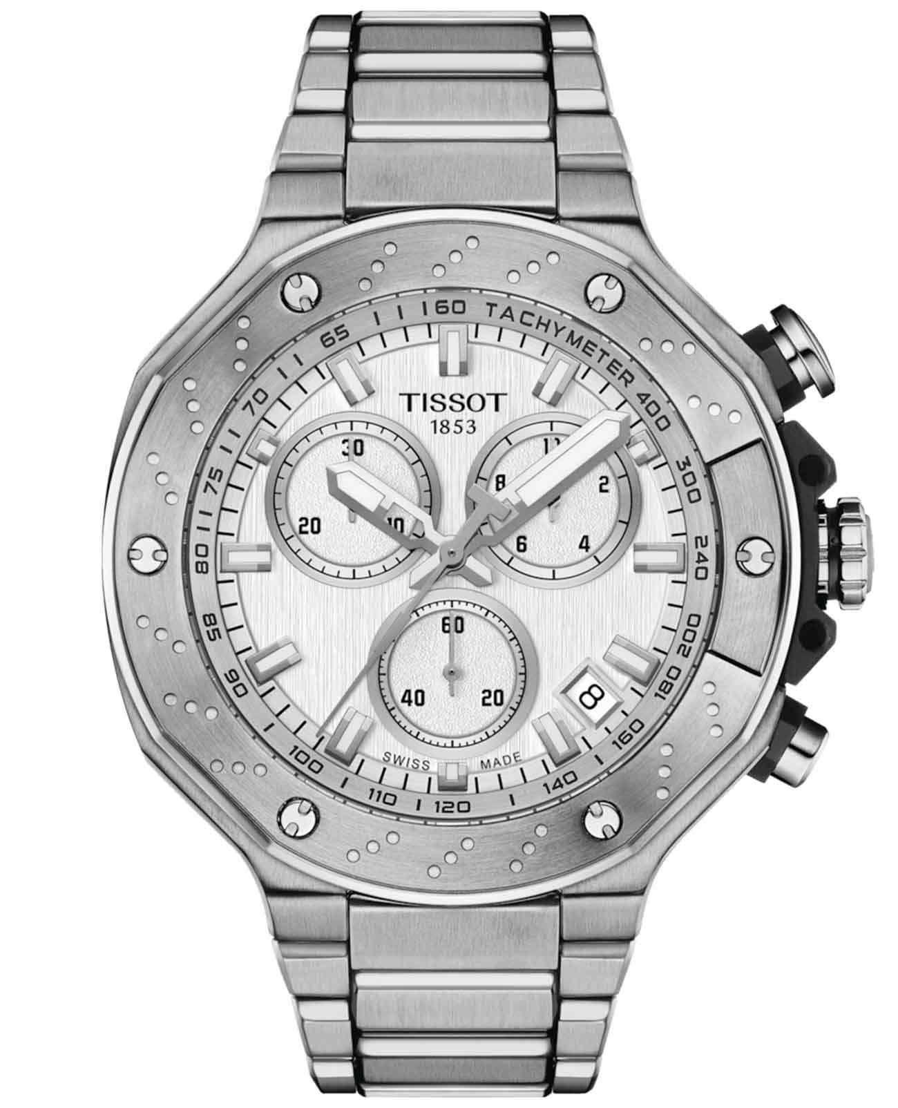 Tissot Tissot T-Race Chronograph T141.417.11.031.00 T Race T1414171103100 кварцевые мужские часы серебристый циферблат, браслет нержавеющая сталь — вид спереди