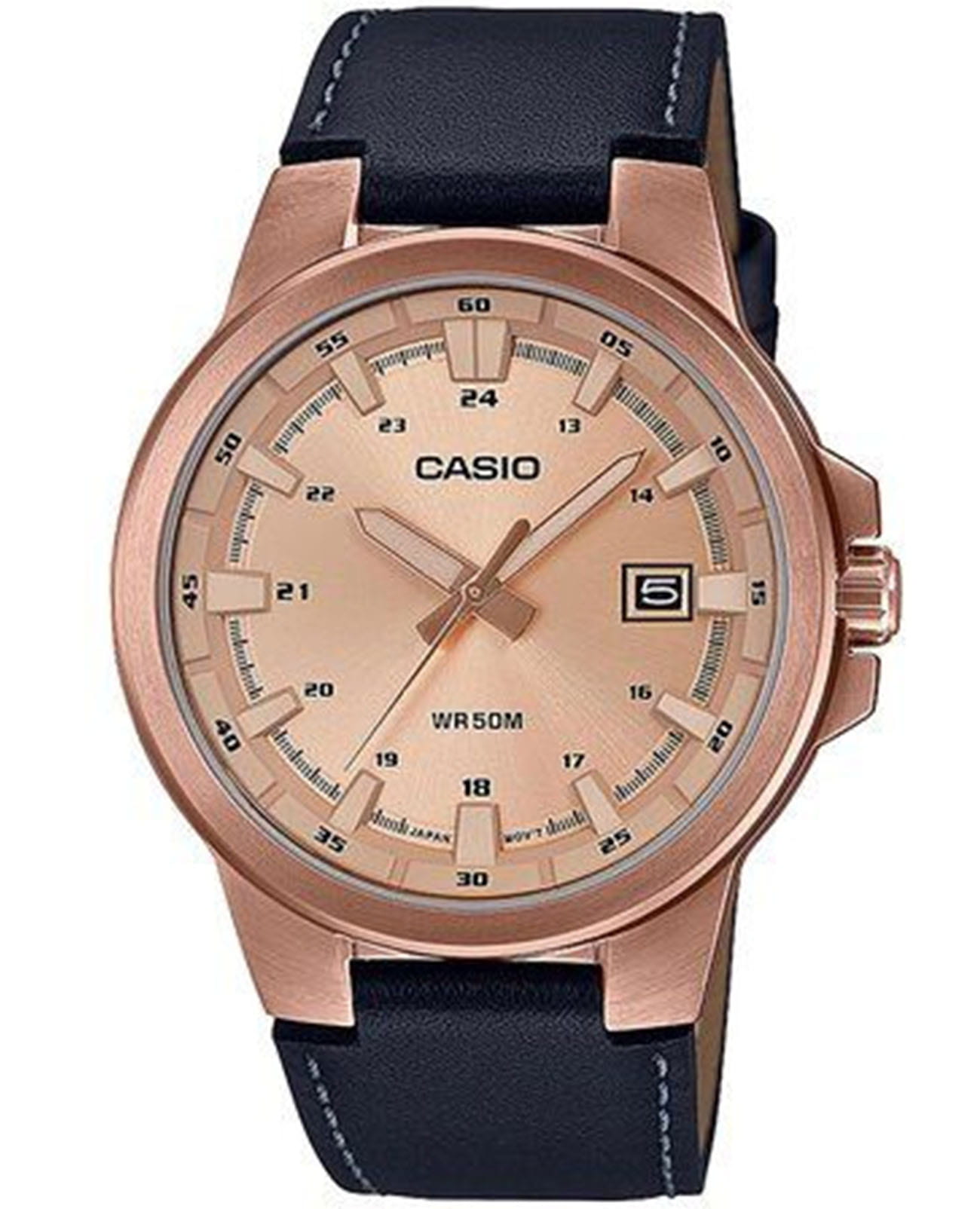 Casio Casio Collection MTP-E173RL-5AVEF  MTP-E173RL-5AVEF кварцевые мужские часы золотой циферблат, браслет кожаный — вид спереди