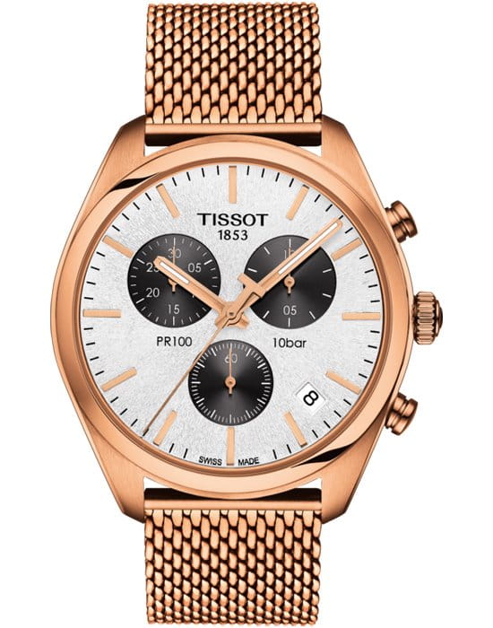 Tissot Tissot PR 100 Сhronograph T101.417.33.031.01 PR 100 T1014173303101 кварцевые мужские часы белый циферблат, браслет  — вид спереди