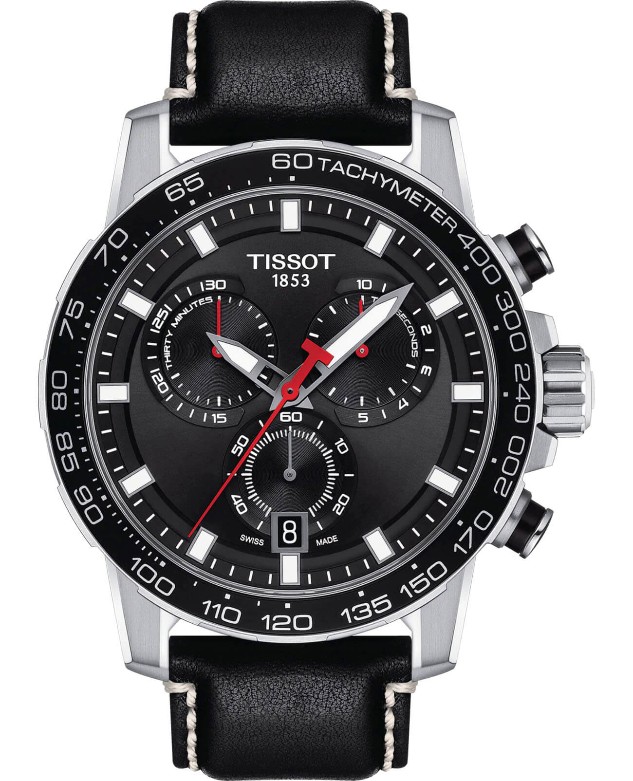Tissot Tissot SuperSport Chrono T125.617.16.051.00 SuperSport Chrono T1256171605100 кварцевые мужские часы черный циферблат, браслет кожаный — вид спереди