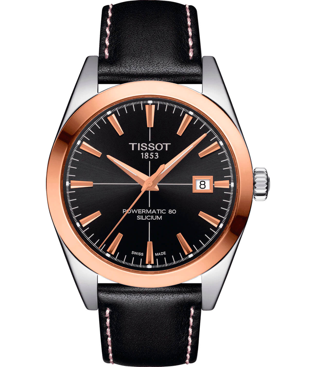 Tissot Tissot Gentleman Powermatic 80 Silicium 18K Gold T927.407.46.051.00 Gentleman T9274074605100 механические мужские часы черный циферблат, браслет кожаный — вид спереди