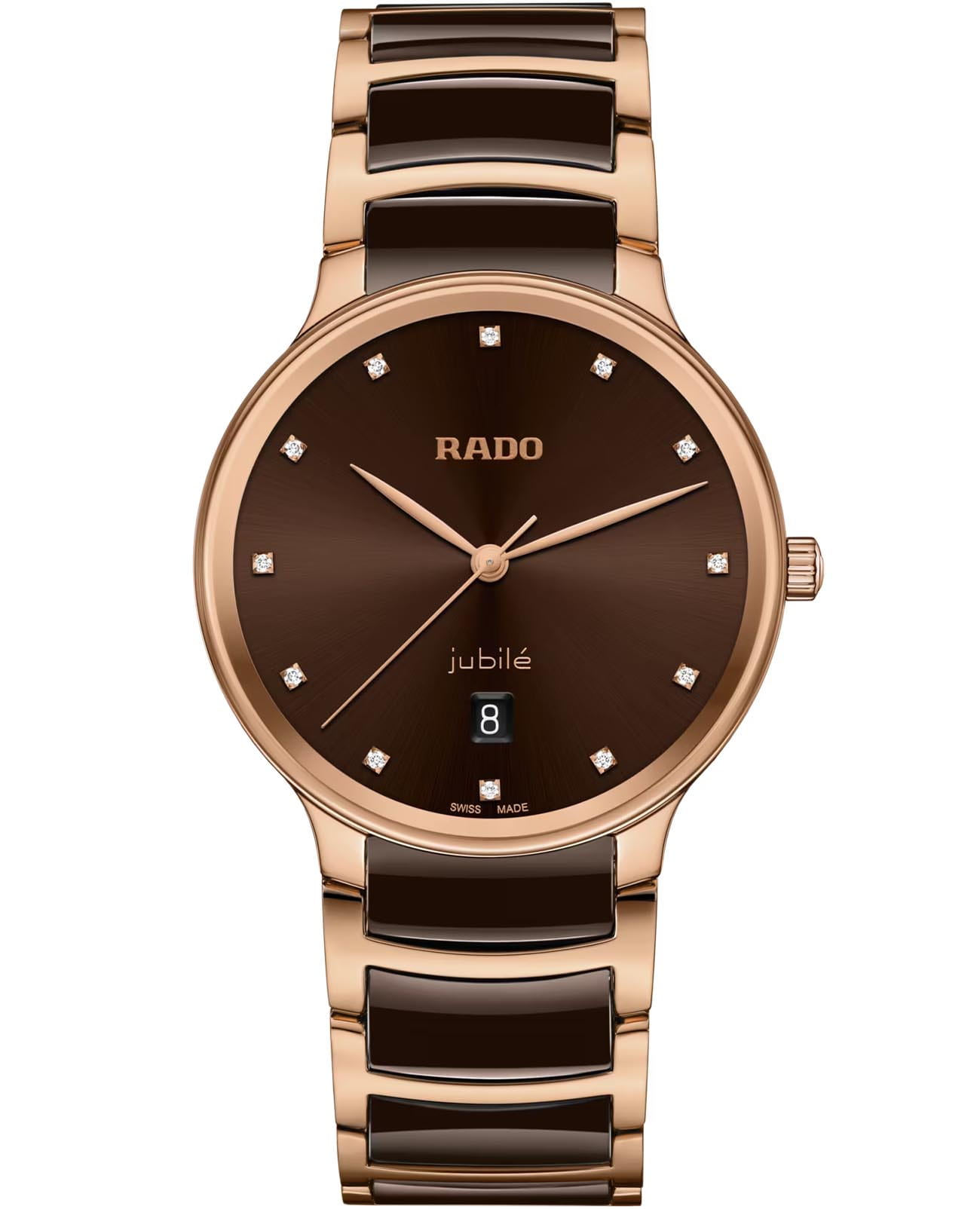 Rado Rado Centrix Diamonds R30023732  R30023732 кварцевые мужские часы коричневый циферблат, браслет высокотехнологичная керамика + нержавеющая сталь с pvd покрытием — вид спереди