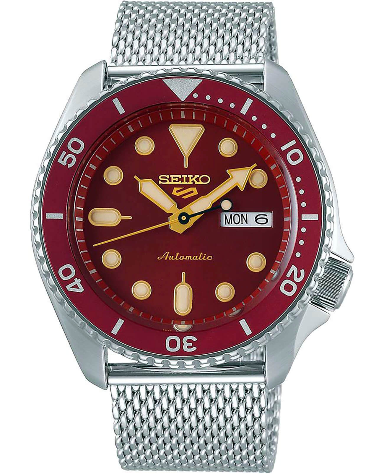 Seiko Seiko 5 Sports SRPD69K1  SRPD69K1 механические мужские часы красный циферблат, браслет нержавеющая сталь — вид спереди
