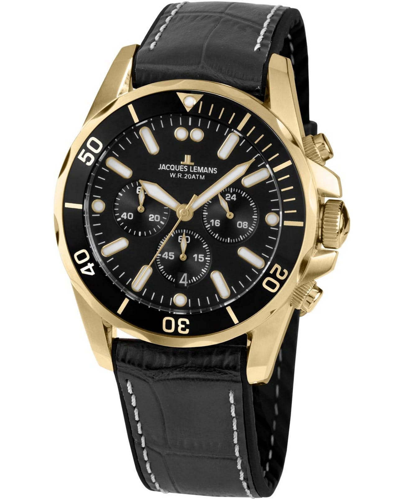 Jacques Lemans Jacques Lemans Sport 1-2091E  1-2091E кварцевые мужские часы черный циферблат, браслет кожаный — вид спереди