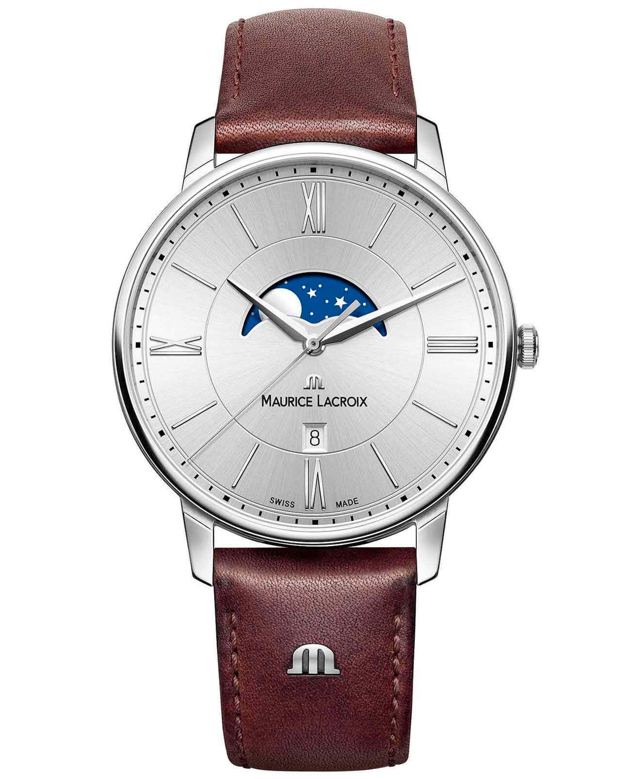 Maurice Lacroix Maurice Lacroix Eliros Moonphase EL1108-SS001-110-1  EL1108-SS001-110-1 кварцевые мужские часы серебристый циферблат, браслет кожаный — вид спереди