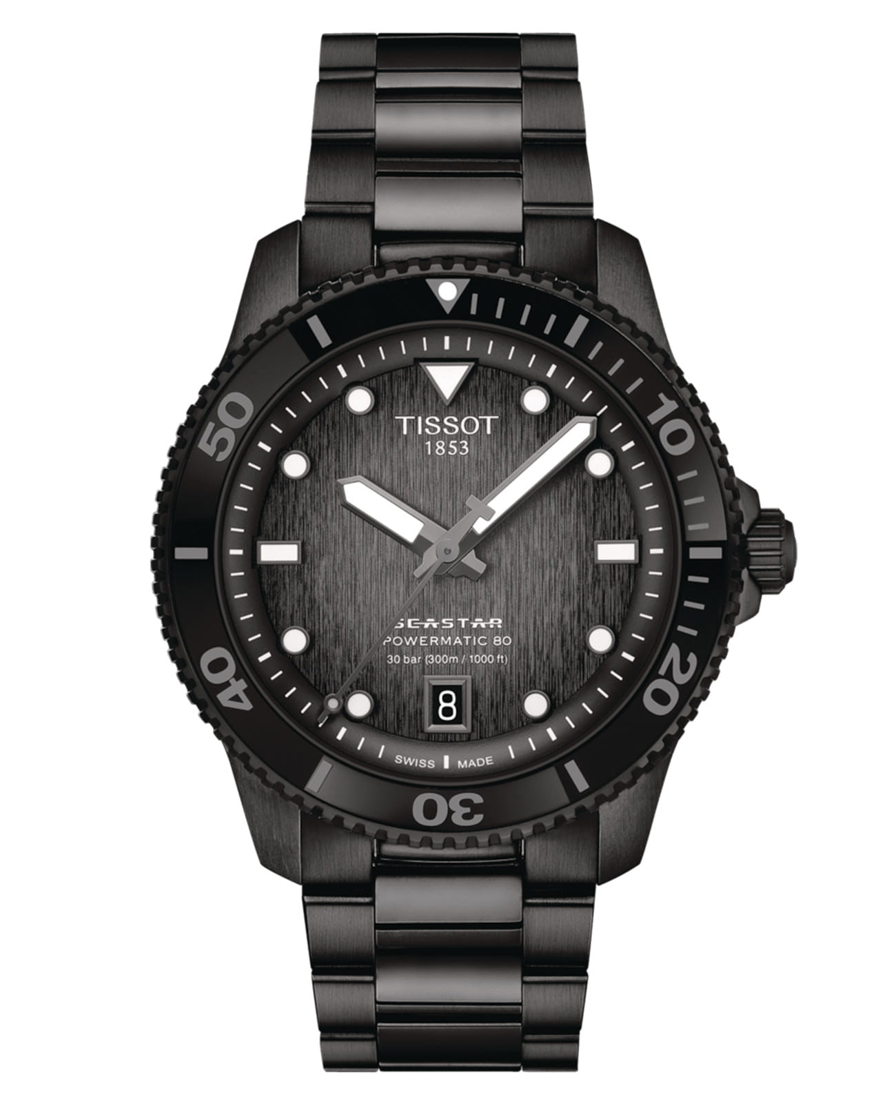 Tissot Tissot Seastar 1000 Powermatic 80 40mm T120.807.33.051.00 Seastar 1000 T1208073305100 механические мужские часы черный циферблат, браслет сталь c pvd покрытием — вид спереди