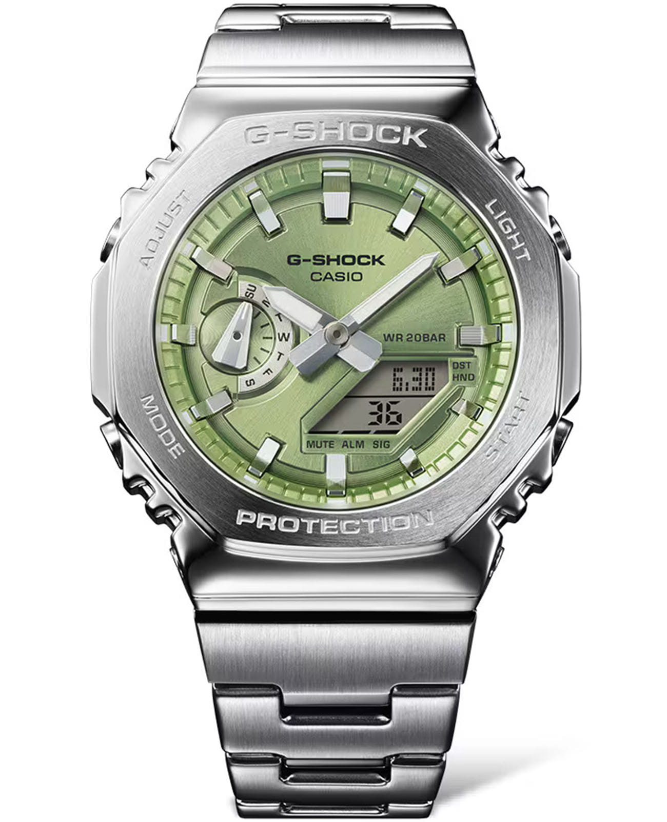 Casio Casio G-Shock GM-2110D-3A GM GM-2110D-3A электронные мужские часы зеленый циферблат, браслет нержавеющая сталь — вид спереди
