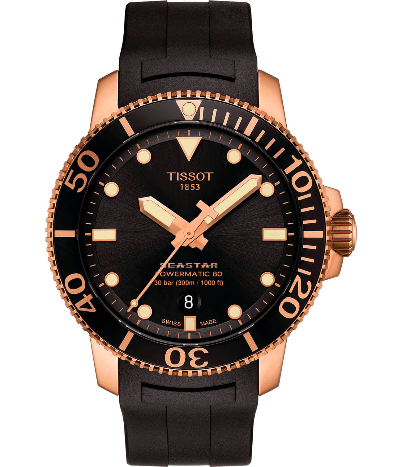 Tissot Tissot Seastar 1000 Powermatic 80 T120.407.37.051.01 Seastar 1000 T1204073705101 механические мужские часы черный циферблат, браслет каучук — вид спереди
