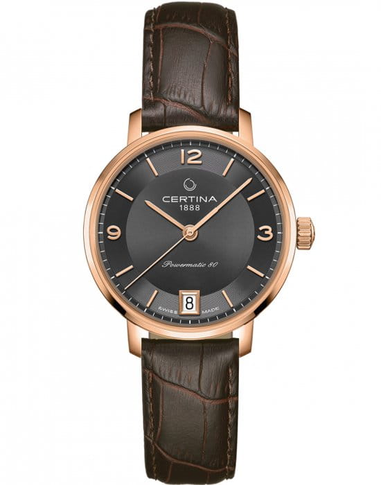 Certina Certina DS Caimano Lady Powermatic 80 C035.207.36.087.00 DS Caimano C0352073608700 механические женские часы серый циферблат, браслет кожаный — вид спереди