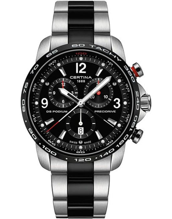 Certina Certina DS Podium Chronograph 1/100 sec C001.647.22.057.00  C0016472205700 кварцевые мужские часы черный циферблат, браслет сталь c pvd покрытием — вид спереди