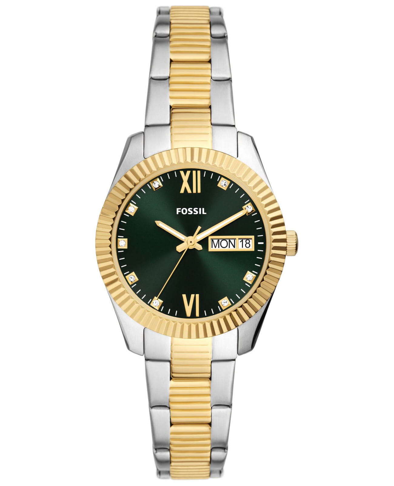 Fossil Fossil Scarlette ES5240  ES5240 кварцевые женские часы зеленый циферблат, браслет нержавеющая сталь с ip-покрытием — вид спереди